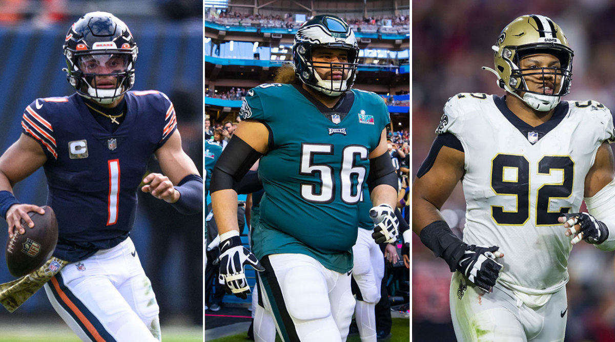 Separate photos of Justin Fields, Isaac Seumalo and Marcus Davenport